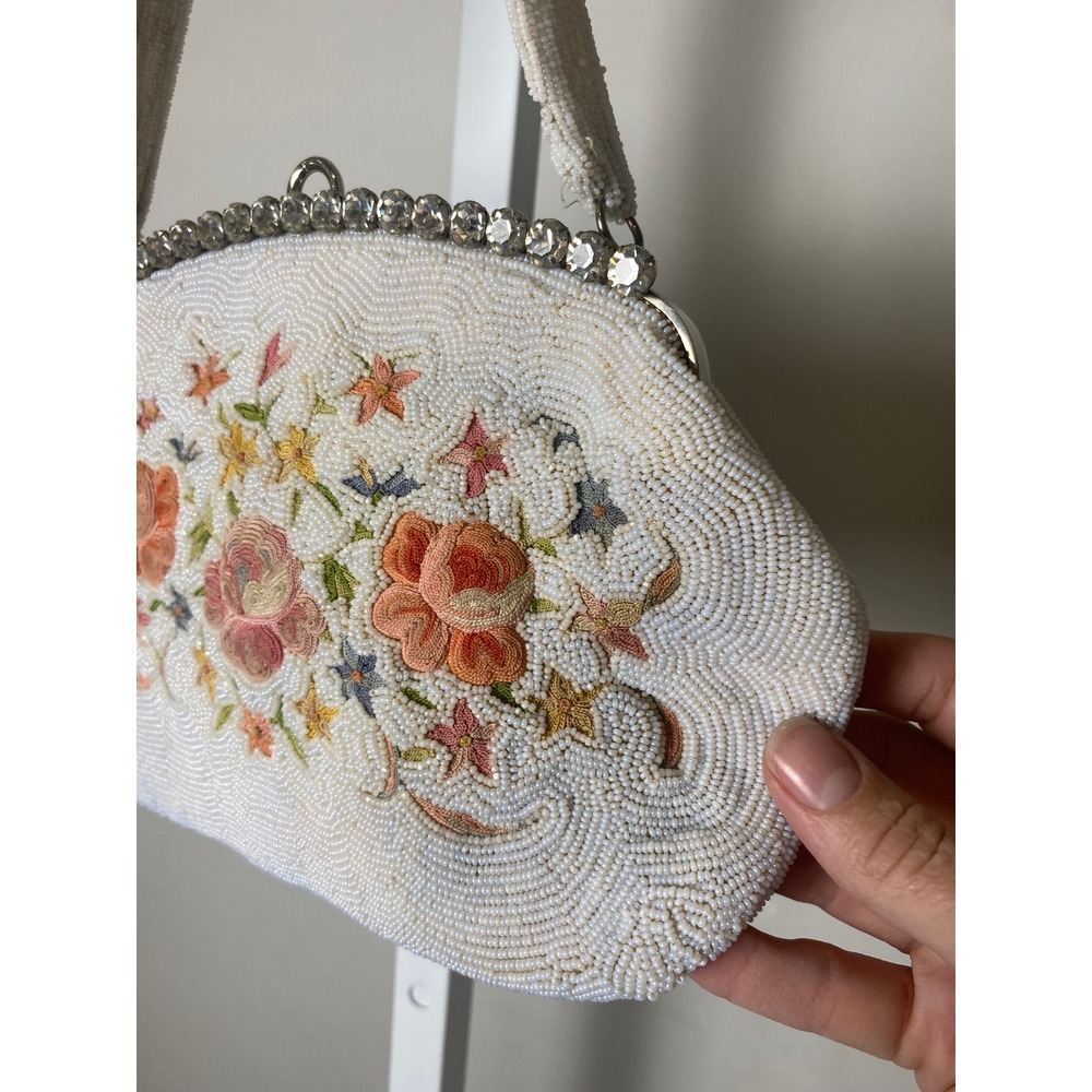 Vintage 1930's Floral Beaded Evening Bag Rhinestone Frame White Cream Purse - Picture 3 of 10